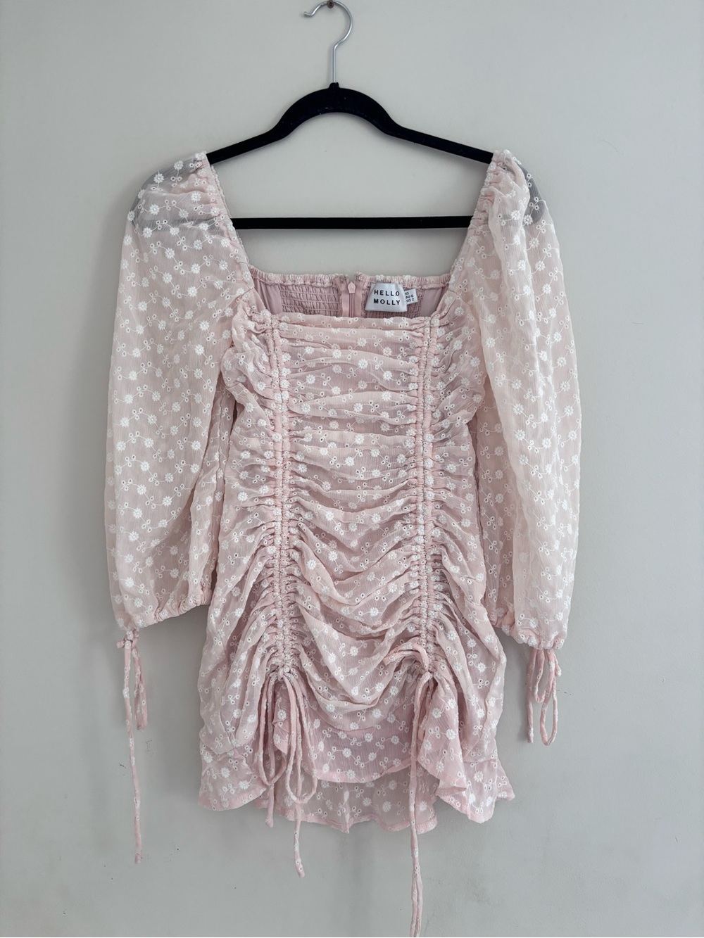 Hello Molly pink eyelet puff sleeve rouched mini dress